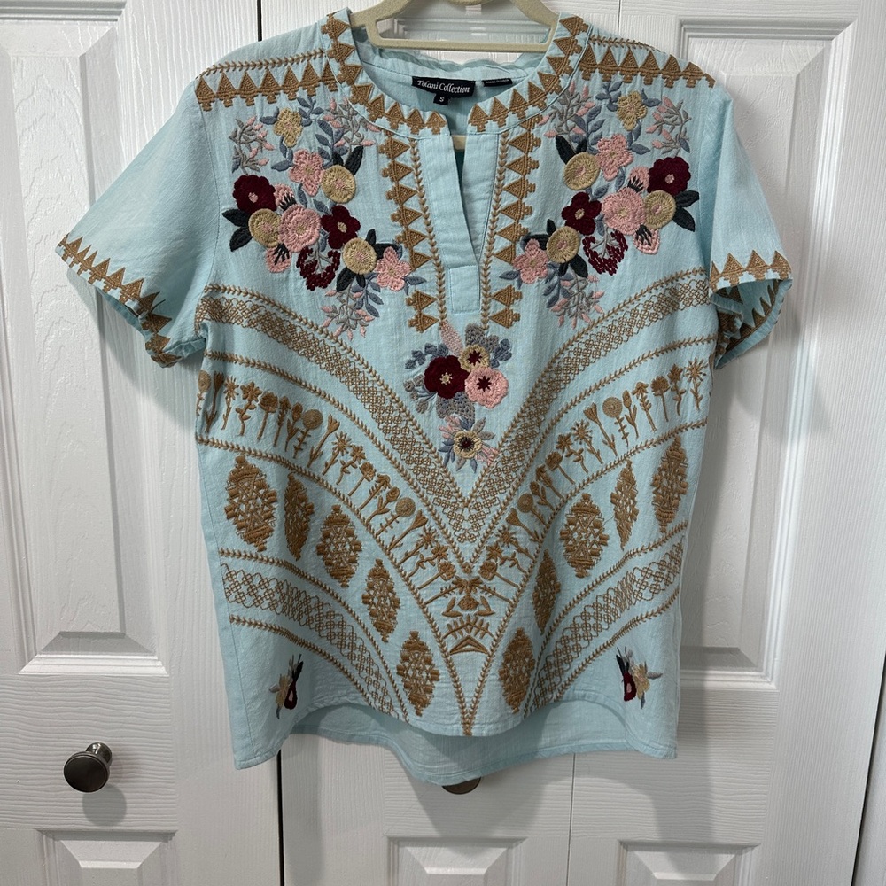 Tolani Collection Light Blue Top with Floral Embroidery